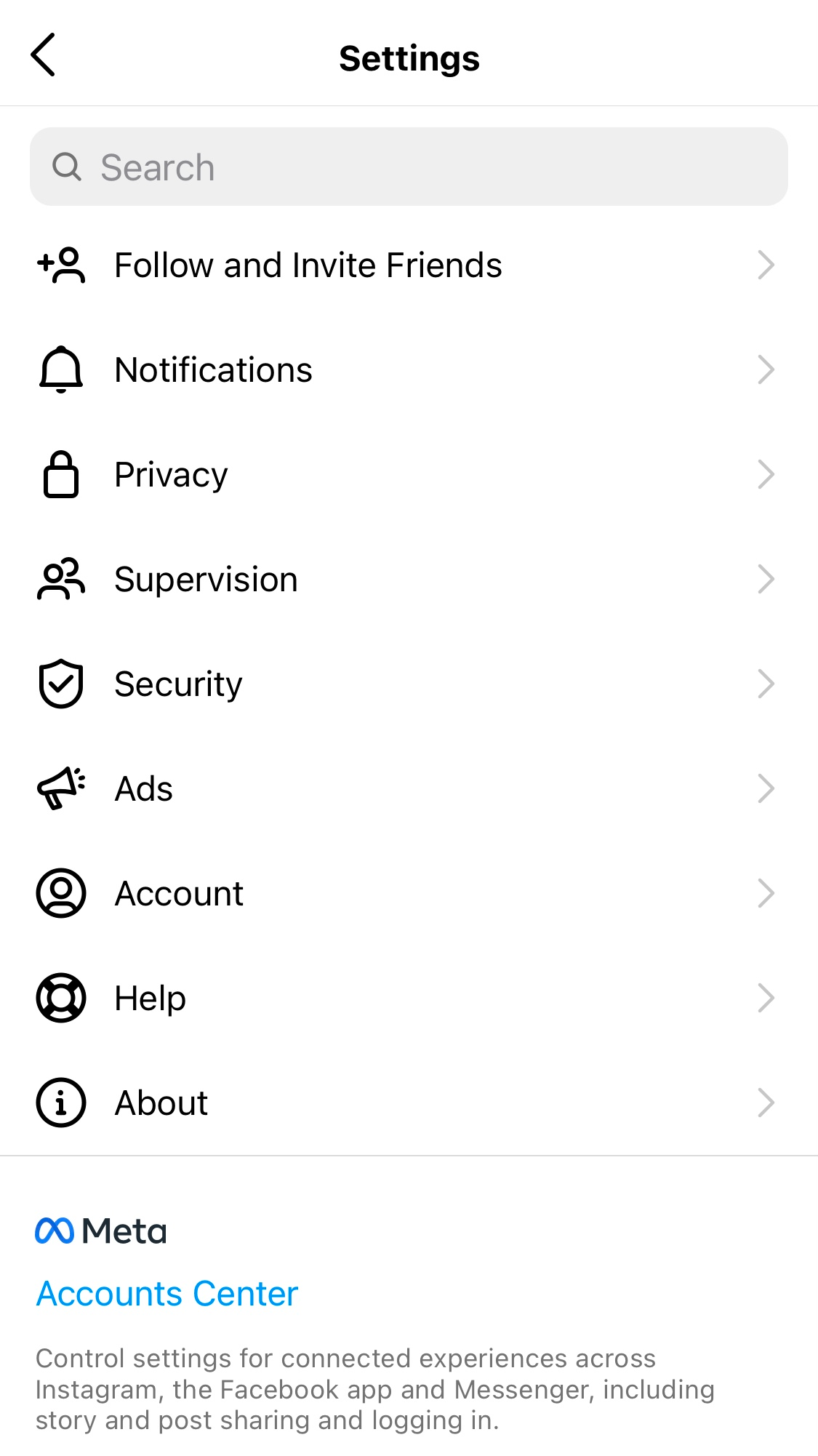 Screenshot of Instagram settings