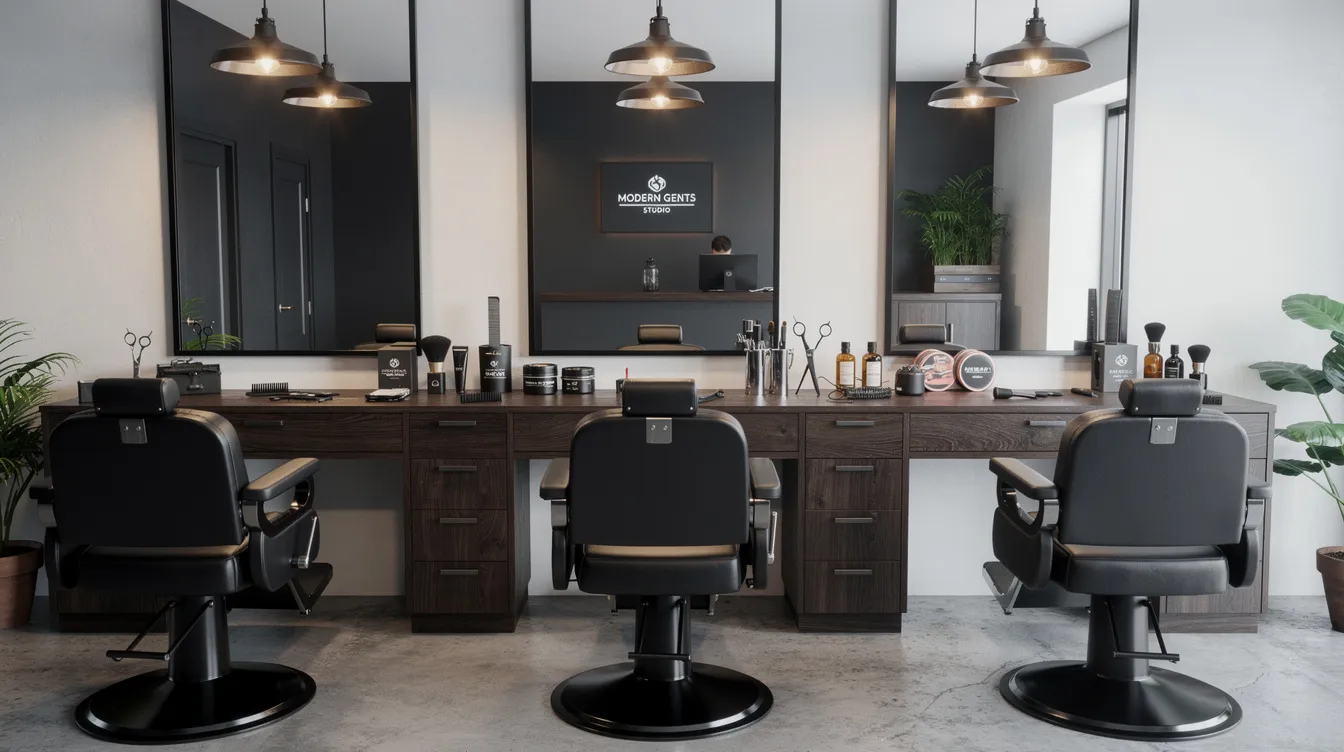 21a6e46d c28a 4b63 bda7 62f4749eb2d3 The image depicts a modern men's grooming studio featuring sleek barber chairs and an array of high-quality grooming products, highlighting the growing demand for men's grooming services in the beauty industry. The space is designed to offer excellent customer service, catering to beauty enthusiasts seeking top-notch men's grooming products.