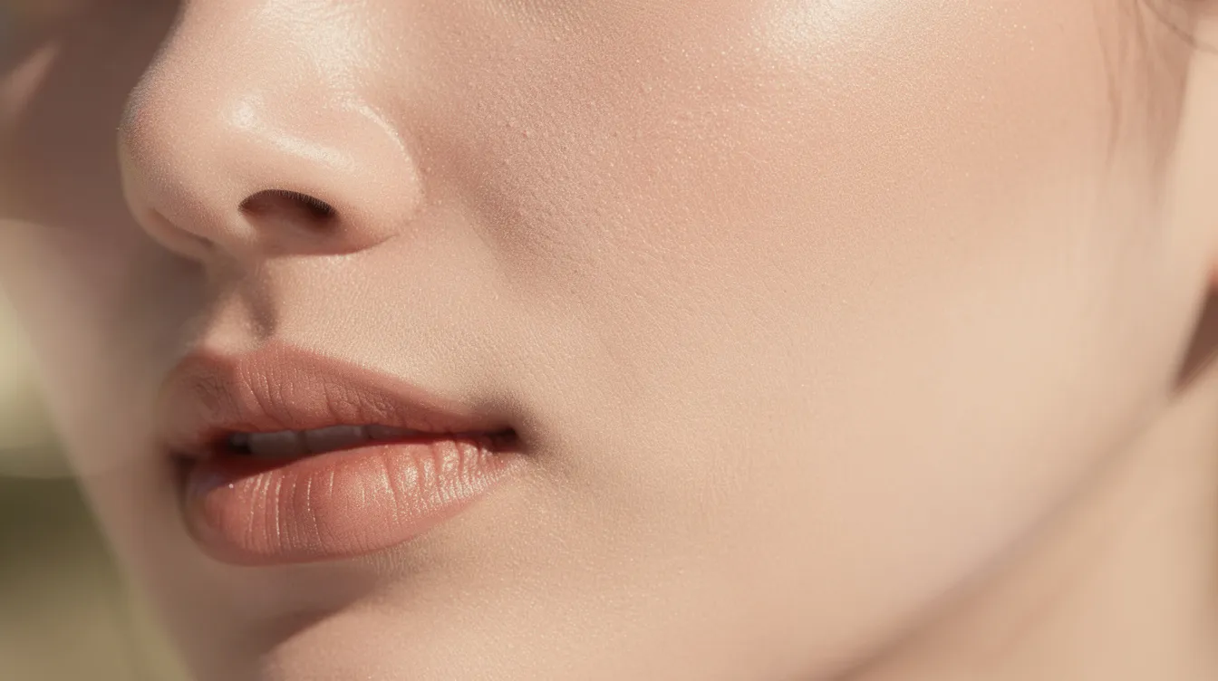 A close-up of a person's face showcases luminous, glowing skin that reflects light beautifully in natural daylight, highlighting the smooth texture and hydration typical of a glass skin effect. This radiant complexion suggests a well-maintained skincare routine, possibly incorporating key ingredients like hyaluronic acid and vitamin C to achieve that coveted glass skin look.