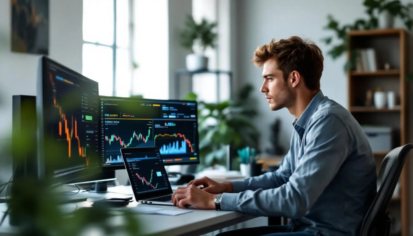 In the image, a person is intently focused on a laptop displaying multiple cryptocurrency trading charts, showcasing various trends and data related to blockchain technology and digital currencies like Bitcoin. The screen reflects the dynamic nature of the market, with graphs indicating transactions and asset values in real-time.