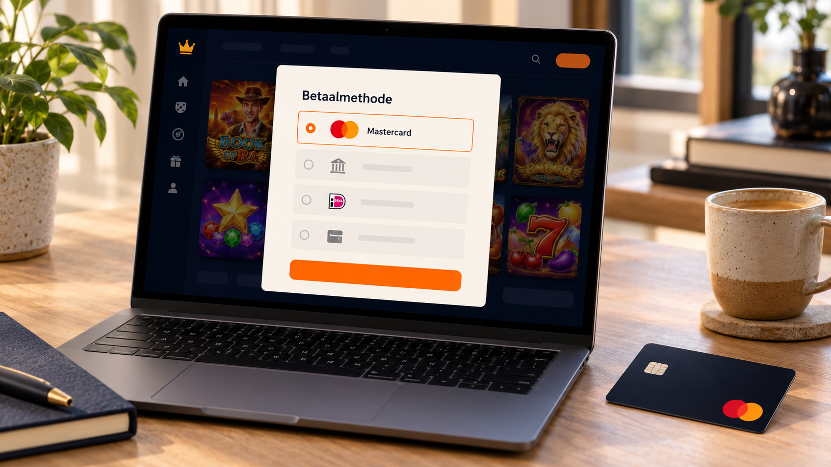 Laptop met Mastercard als geselecteerde betaalmethode bij een online casino en een Mastercard op tafel.