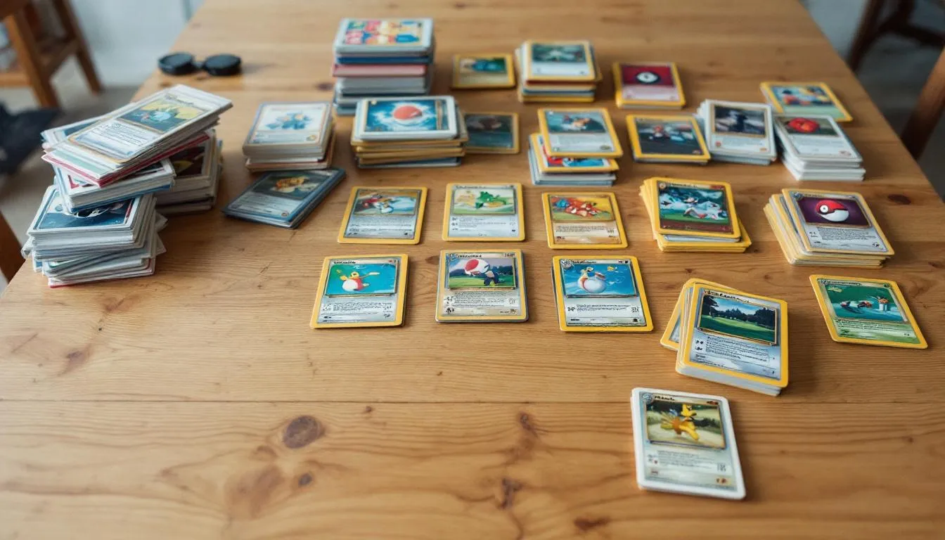 The image shows a collection of vintage sports cards and Pokémon cards carefully spread out on a wooden table, highlighting their colorful designs and varying conditions. The assortment showcases a mix of nostalgic memorabilia, inviting viewers to appreciate the quality and history behind each card.