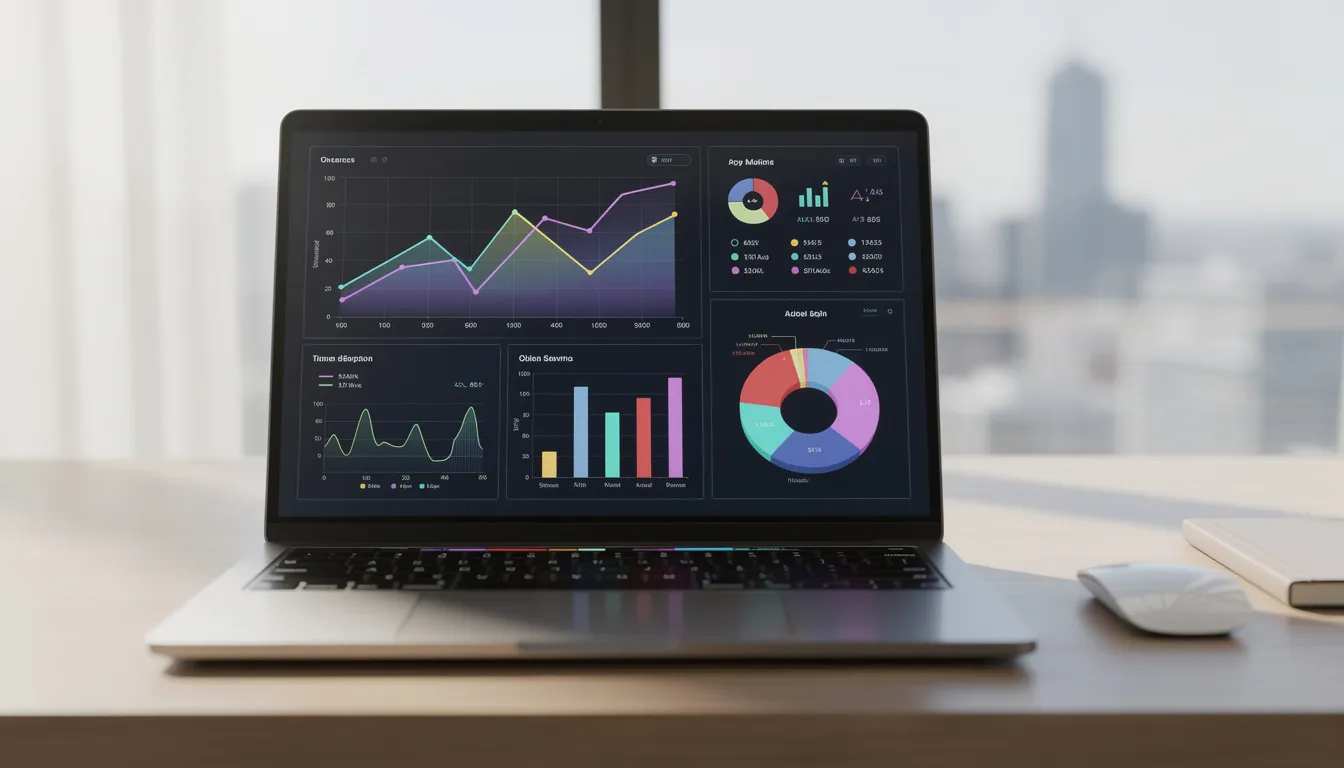 The image shows a laptop on a desk, displaying various data analytics and colorful charts related to the short-term rental market, which can help real estate investors analyze their Airbnb investment properties. This visual representation highlights important metrics like occupancy rates and rental income, essential for maximizing profits in the Airbnb business.
