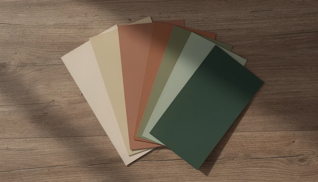 Hal verven in 2 kleuren: ideeën, stappenplan en kleurcombinaties De afbeelding toont een verzameling verfstaaltjes in harmonieuze aardetinten en groentinten, zorgvuldig gerangschikt op een houten oppervlak. Deze kleuren zijn ideaal voor het verven van een hal, waarbij de juiste verfkeuze kan bijdragen aan een warme en uitnodigende sfeer in een smalle gang.