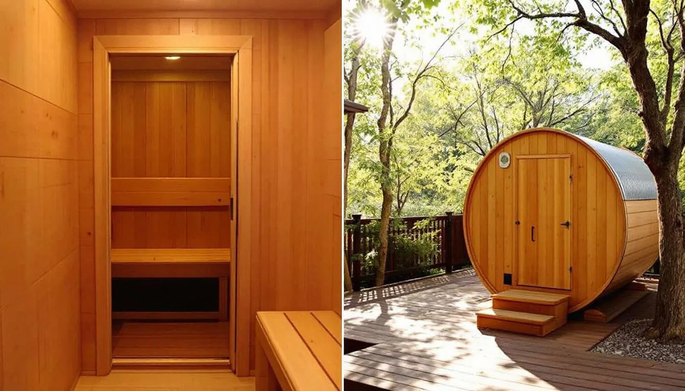 An indoor infrared sauna features sleek, modern design elements with wooden walls and two benches for relaxation, while an outdoor barrel sauna showcases a rustic wooden exterior, perfect for enjoying the fresh air. Both saunas provide unique sauna experiences, promoting wellbeing and relaxation.