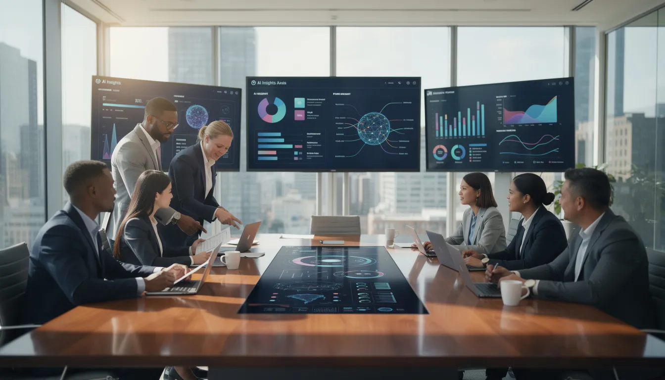 A diverse team of professionals collaborates around a conference table, sharing insights and discussing strategies while AI analytics are displayed on screens, showcasing the integration of AI tools and features in their business practices. This dynamic environment reflects a growth mindset as they leverage AI to generate new ideas and enhance their teamwork.