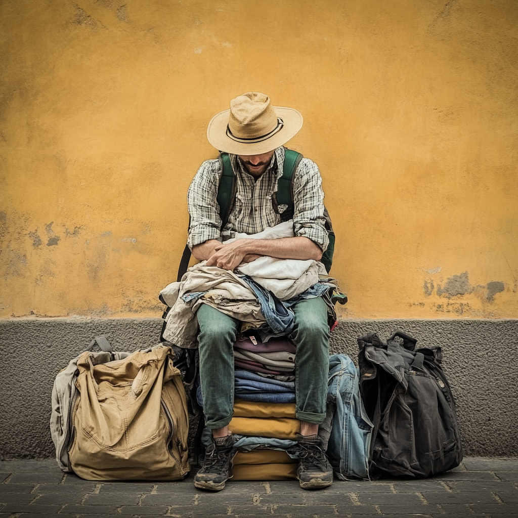 A traveler discarding old clothes during a trip.
