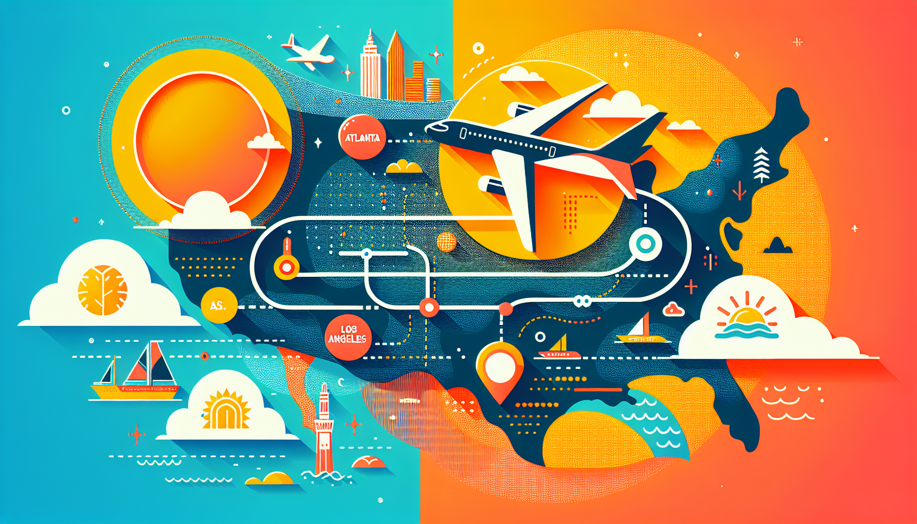 An illustration showing the flight time from Atlanta to Los Angeles.