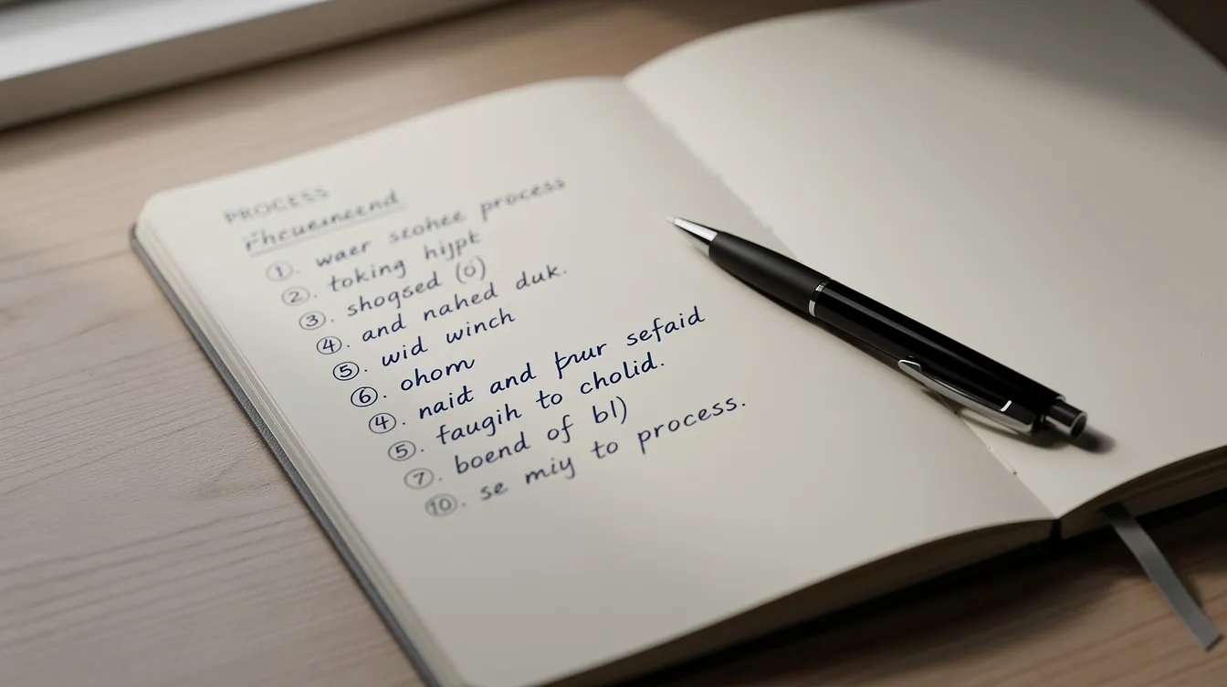 The image features a notebook on a desk, filled with handwritten process steps that outline key metrics for small business operations, alongside a pen. This visual represents the importance of documenting operational clarity and actionable steps for business leaders to enhance customer satisfaction and track progress effectively.