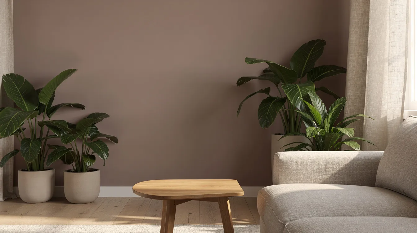 De afbeelding toont een sfeervolle woonruimte met muren in een zachte taupe tint, omringd door groene kamerplanten en linnen gordijnen. Een houten bijzettafel voegt een natuurlijk element toe aan de serene uitstraling van het interieur.