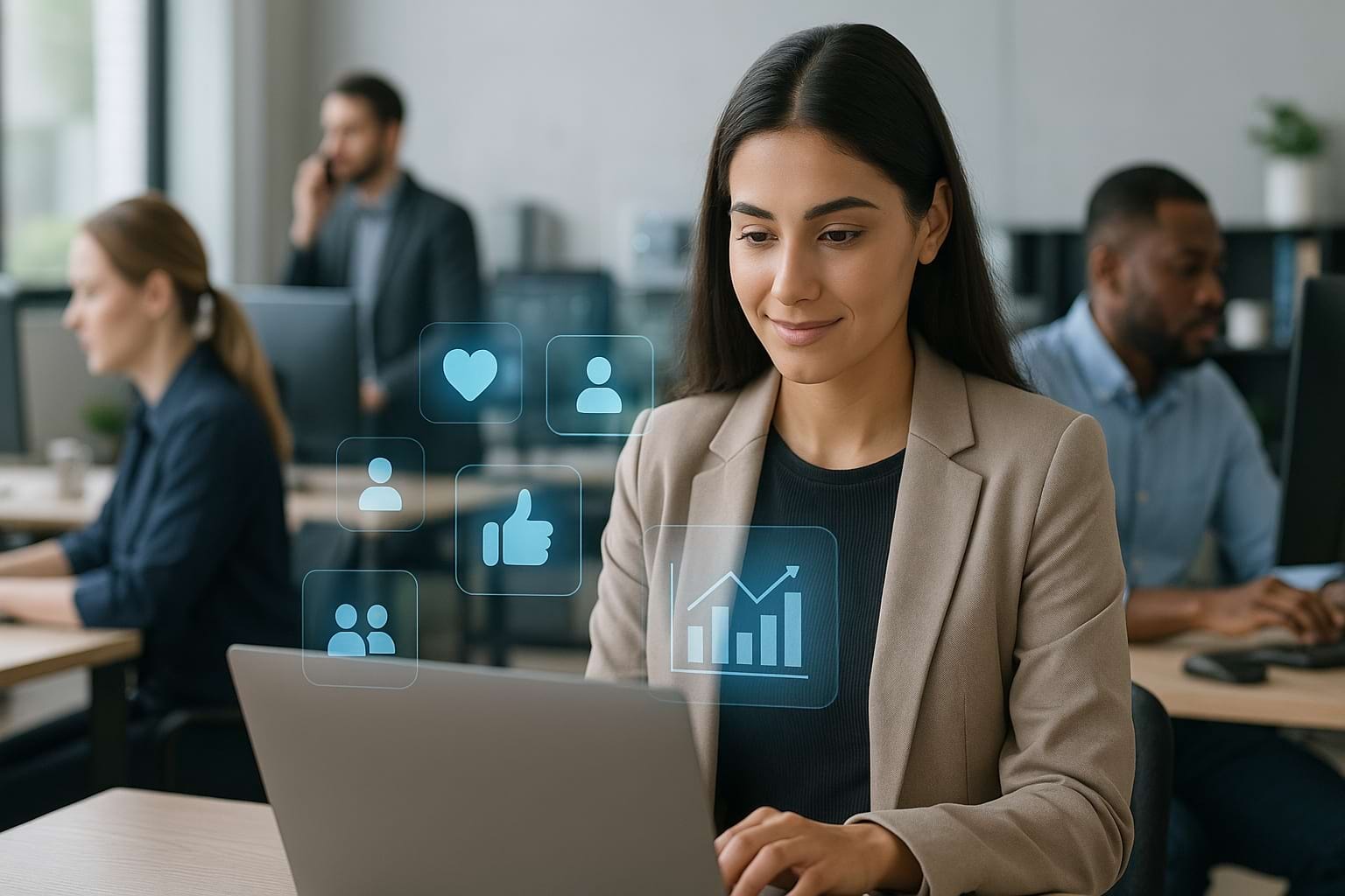 Professional social media manager analyzing engagement metrics with holographic icons in a modern office.