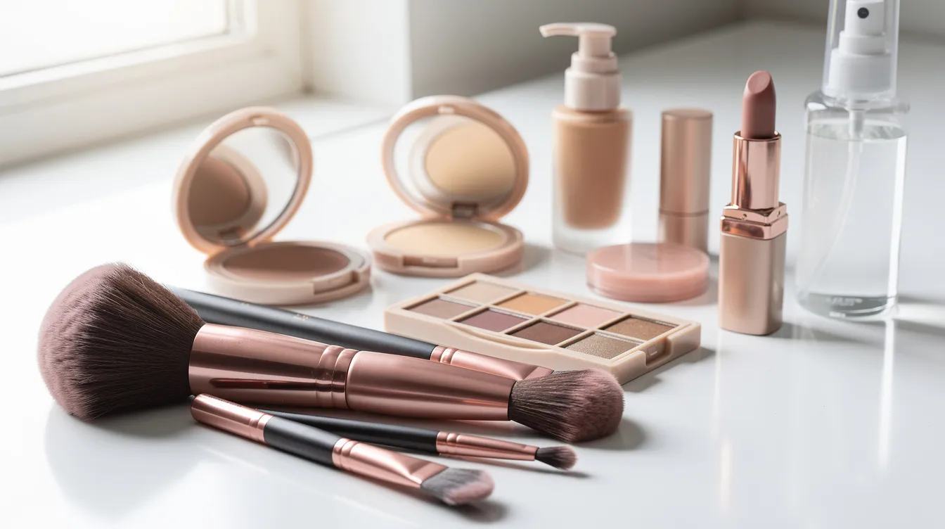 A close-up view of various makeup brushes and cosmetic products neatly arranged on a clean surface, showcasing the tools and items commonly used in a beauty makeup routine. The image highlights the precision and care involved in applying cosmetics, with a focus on enhancing the skin's appearance and texture.
