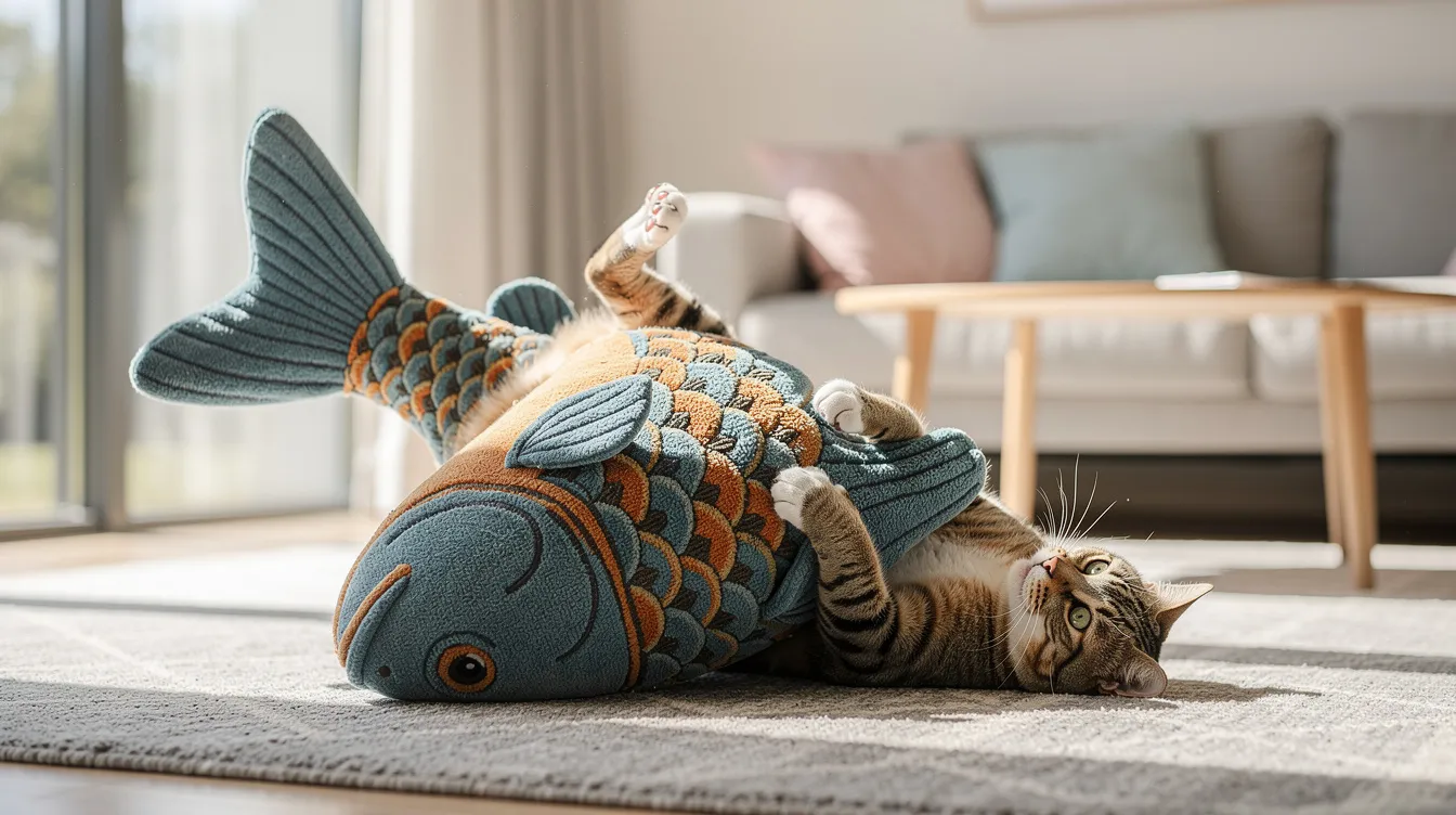 A playful cat is seen hugging and kicking a large fish-shaped plush toy in a bright, modern living room, showcasing its love for interactive cat toys. The durable kicker toy, filled with catnip, provides mental stimulation and entertainment for indoor cats as they engage in active play.