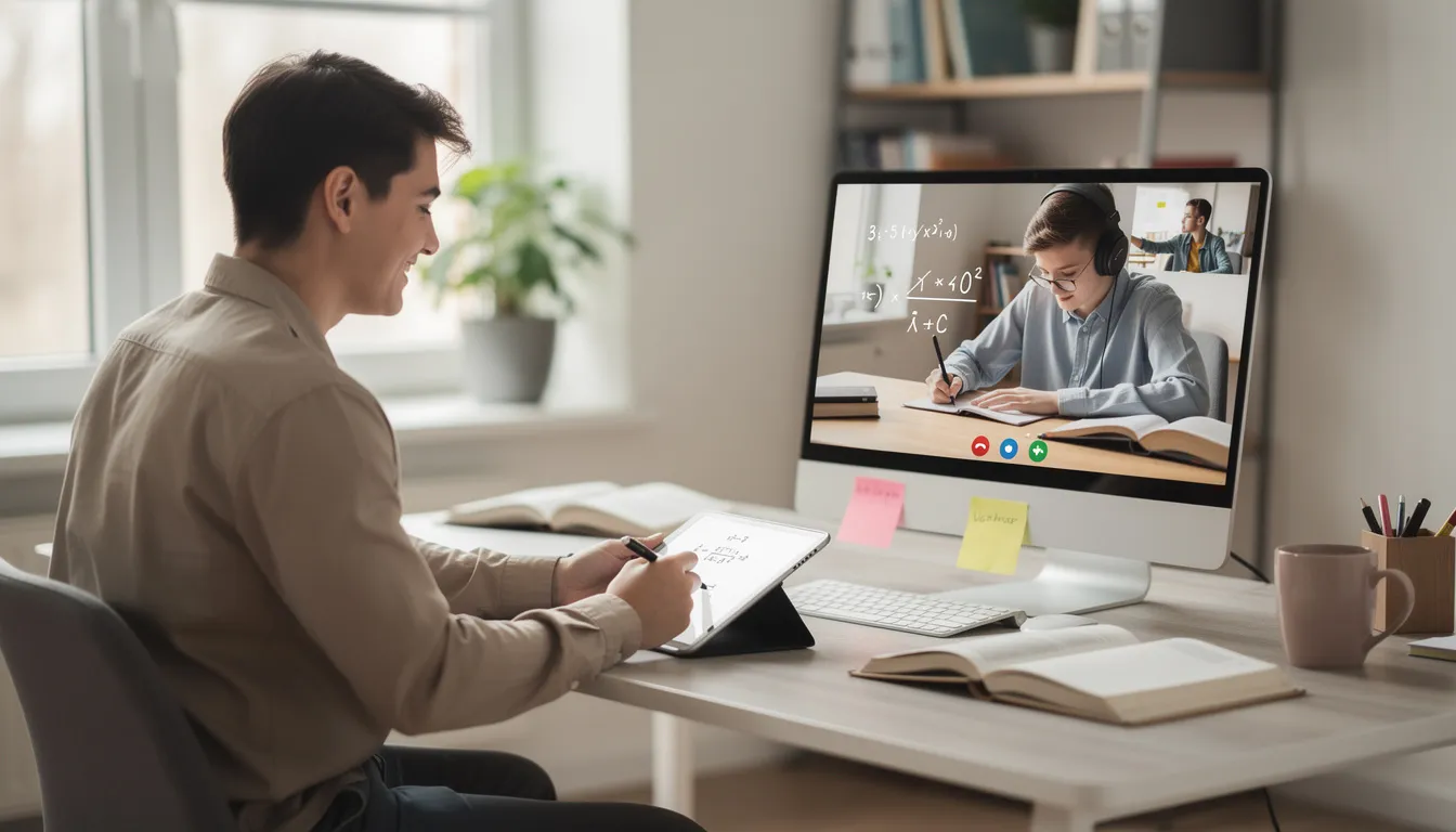 Das Bild zeigt einen Nachhilfelehrer, der online Unterricht gibt. Auf dem Bildschirm sind Lernmaterialien zu sehen, während der Lehrer einem Schüler bei Mathematikfragen hilft.