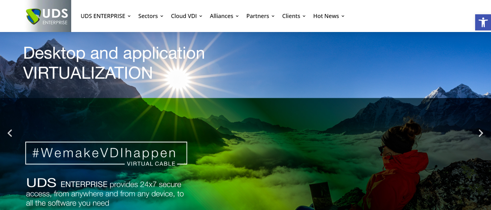 UDS Enterprise homepage featuring desktop and application virtualization with secure cloud VDI access from any device.