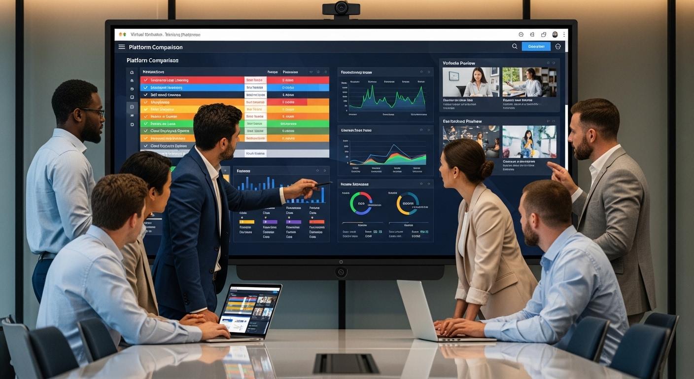 Business team evaluating multiple virtual training platforms on a large interactive dashboard, comparing instructor-led learning, self-paced courses, hands-on labs, and cloud deployment options.