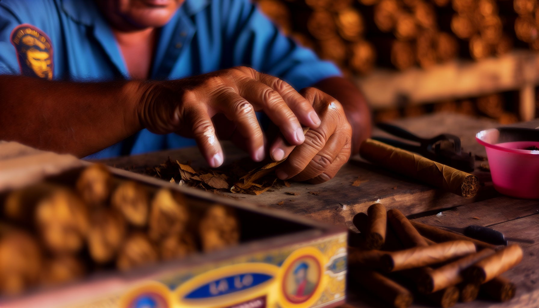 Close-up of hands skillfully rolling cigars with traditional Cuban rolling techniques