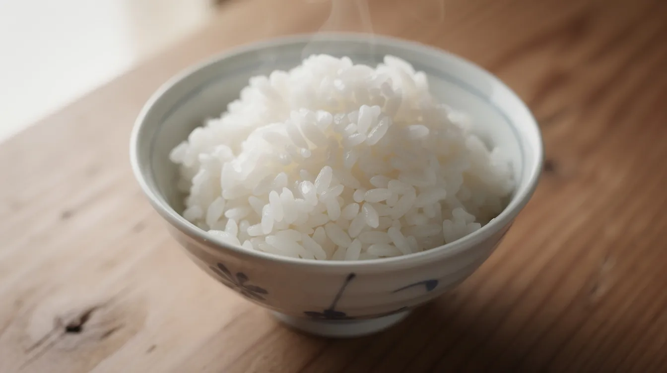 A steaming bowl of freshly cooked Japanese short-grain rice sits in a traditional ceramic bowl on a wooden table, showcasing the fluffy and sticky texture that is a staple in Japanese cuisine. The warm rice, an integral part of the Japanese diet, highlights the importance of rice cultivation in Japanese culture.