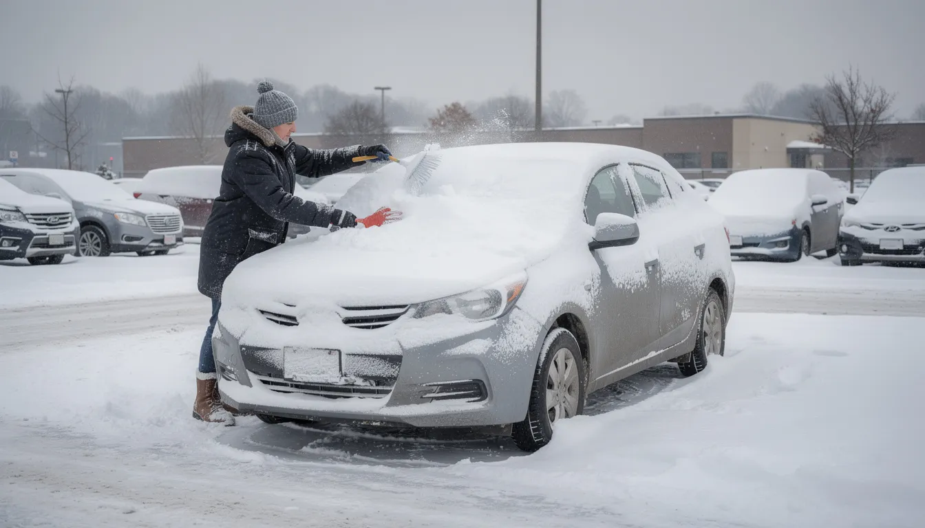 A person is clearing snow off the roof and windows of a car in a parking lot, surrounded by heavy snowfall typical of winter conditions. This scene highlights the importance of maintaining visibility and safety during the colder months, especially for those preparing their vehicles for winter driving.