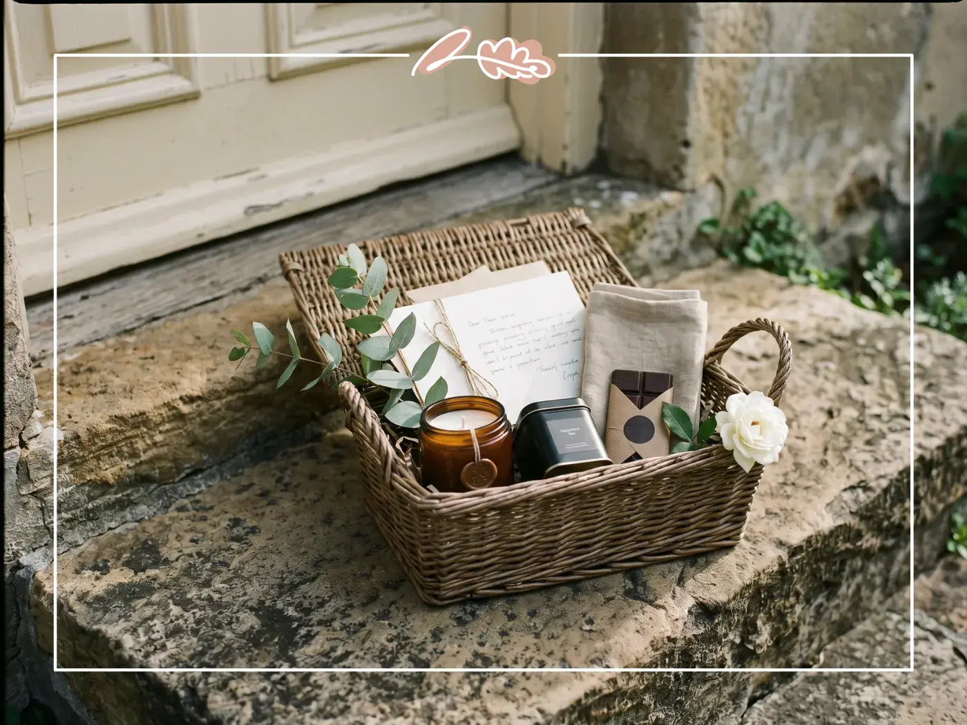 Wicker sympathy gift box on a stone step with handwritten card, candle, tea and chocolate, Fabulous Flowers