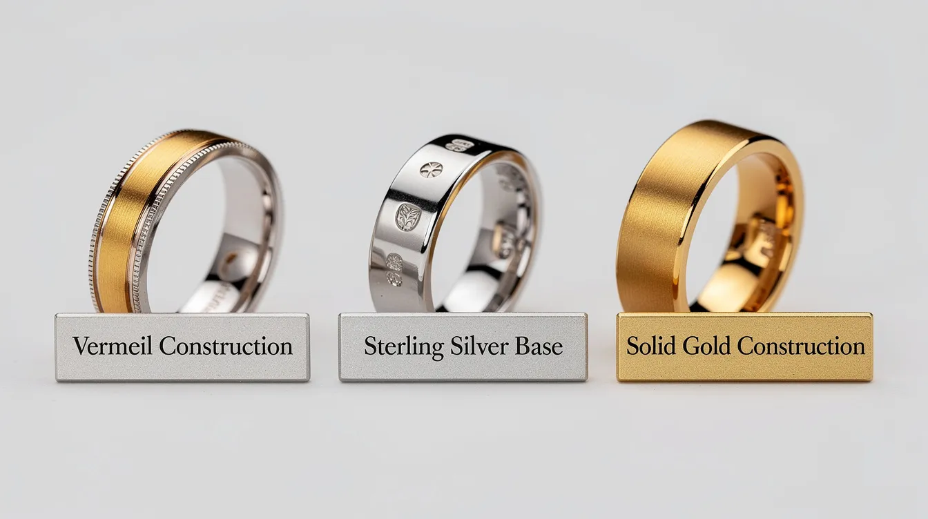 The image showcases a collection of elegant gold vermeil jewellery, featuring rings, necklaces, and bracelets with a solid sterling silver base and a thick layer of gold plating. These high-quality pieces are designed for everyday wear, combining luxury and affordability for a stylish look.