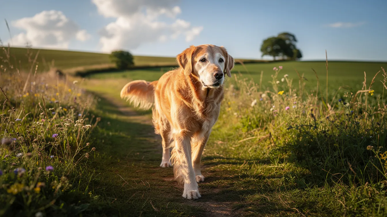 A senior golden retriever strolls comfortably along a grassy country path under the warm sun, showcasing its mobility and healthy joints. This peaceful scene highlights the importance of joint health for aging dogs, potentially supported by dietary supplements like MSM for pain relief and improved physical function.