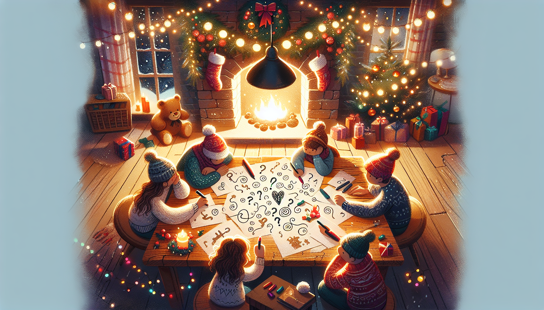 Family creating Christmas scavenger hunt clues