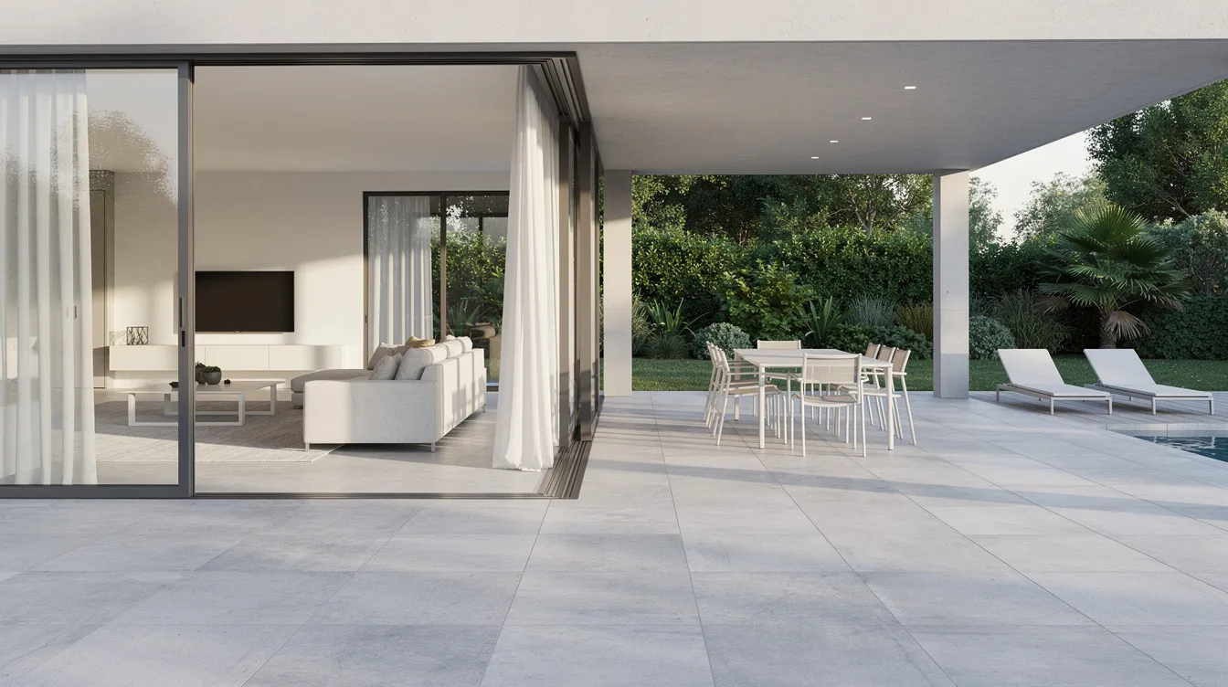 The image shows a modern home featuring a seamless transition from indoor to outdoor spaces, with matching porcelain and ceramic tiles leading to a stylish concrete patio. The tiles are designed for durability, offering slip resistance and low maintenance for both indoor and outdoor areas.
