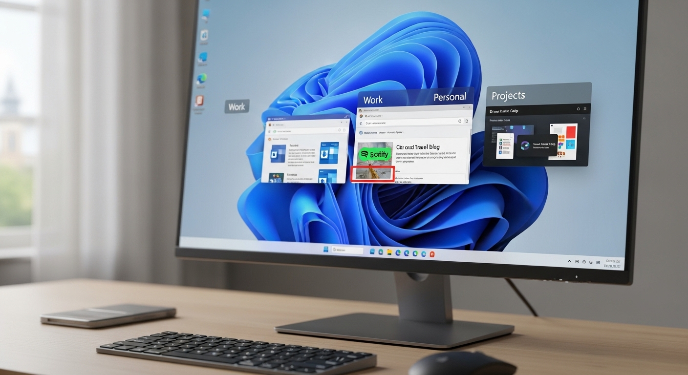 "User switching between labeled virtual desktops like Work, Personal, and Projects in a clean Windows 11 interface.