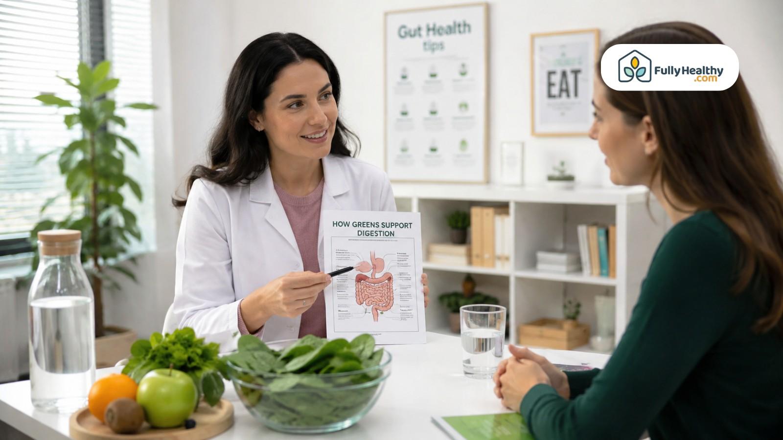 Nutritionist explaining how leafy greens support healthy digestion and gut function