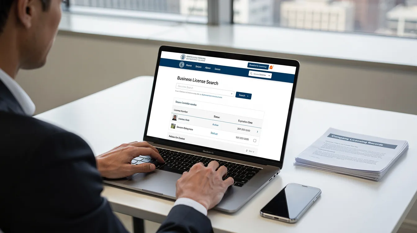A person is sitting at a desk, focused on a laptop as they check a company's licensing status on a government website. The scene suggests a careful evaluation of financial information, potentially related to 網上貸款 or the 放債人牌照 for securing low interest loans.