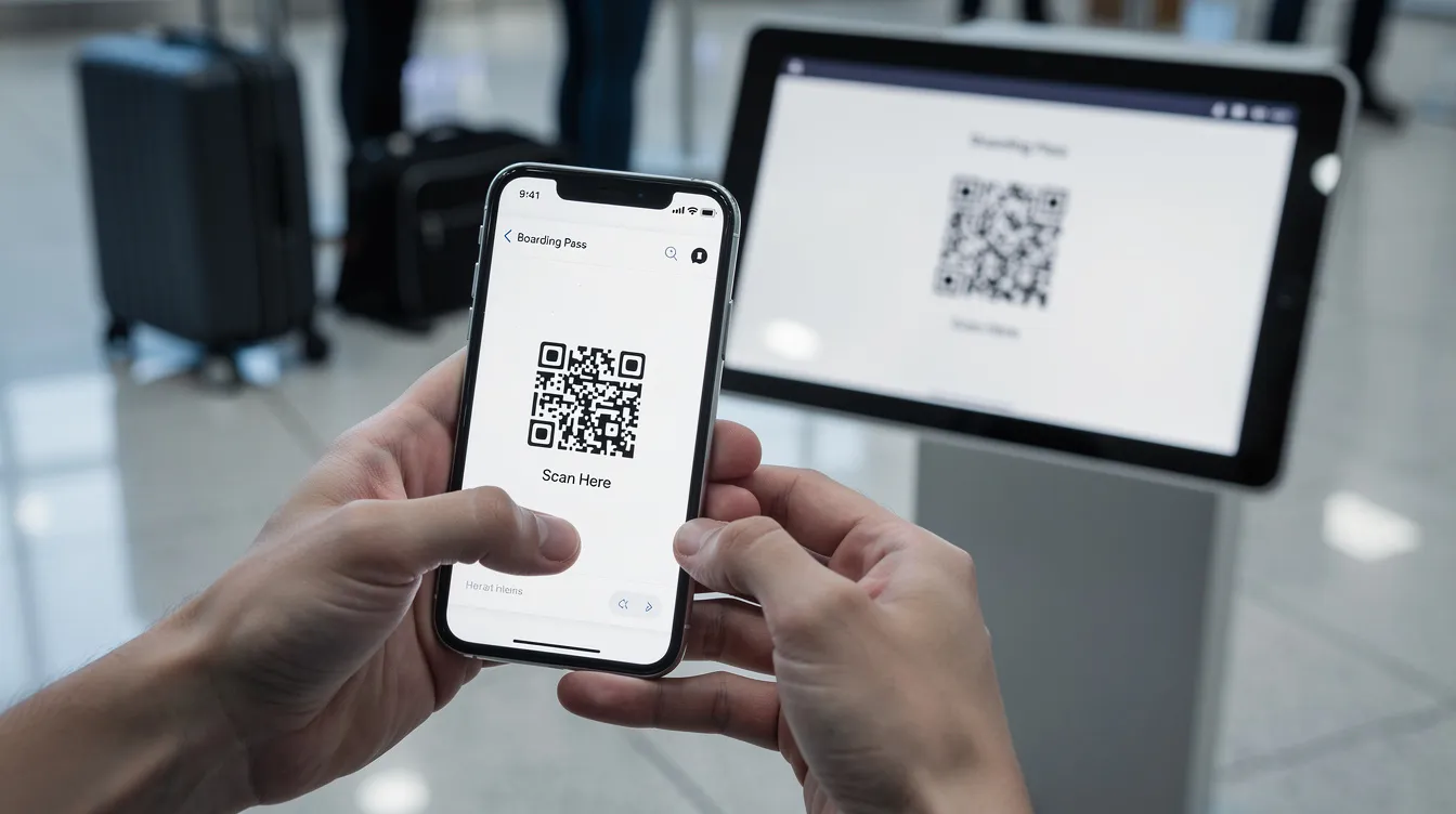 A close-up view shows hands holding a smartphone displaying a digital QR code, while another device's screen is visible in the background. Travel luggage can be seen behind, suggesting a context of acquiring a local SIM card in Turkey for tourists, possibly for mobile data or communication.