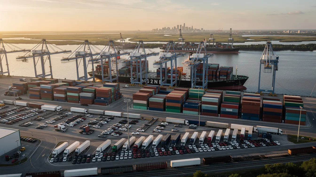 The image depicts the Savannah port area bustling with activity, featuring large cargo ships docked and various vehicles lined up, ready for auto transport services. This scene highlights Georgia's role in car shipping, showcasing the logistics involved in vehicle transport and the efficiency of local auto transport services.