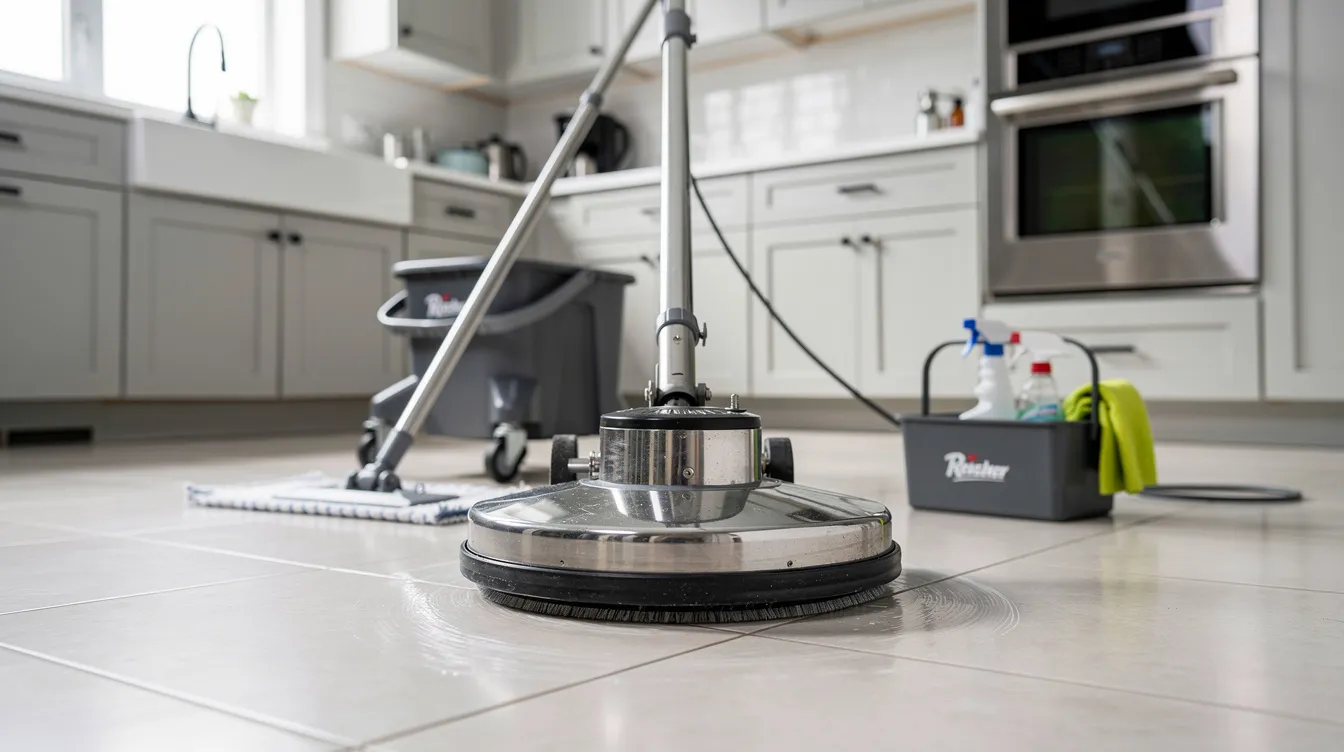 A rotary scrubber is positioned on a tile floor in a residential kitchen, ready for professional cleaning of grout lines and tile surfaces. The scene conveys a commitment to maintaining clean grout and tile floors, highlighting the importance of regular cleaning for homeowners.