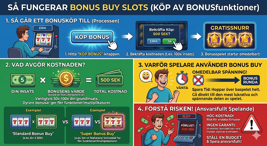 Guide som visar hur bonus buy slots fungerar – köp bonus, kostnad 100x insatsen, free spins och risker förklarade