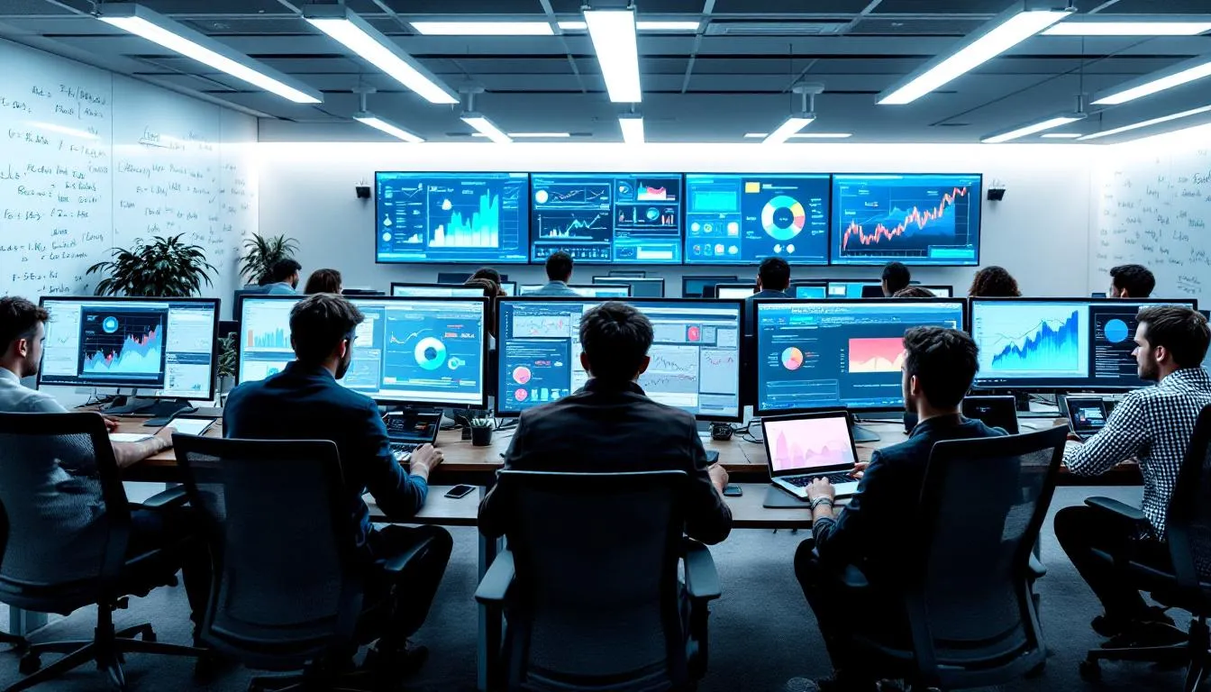 In a modern office environment, data professionals are seen collaborating while working with multiple screens displaying various data visualizations and analytics tools. The setting highlights the importance of data integration and quality, showcasing the capabilities of technologies like Informatica and Alteryx for effective data analysis and transformation during business hours.