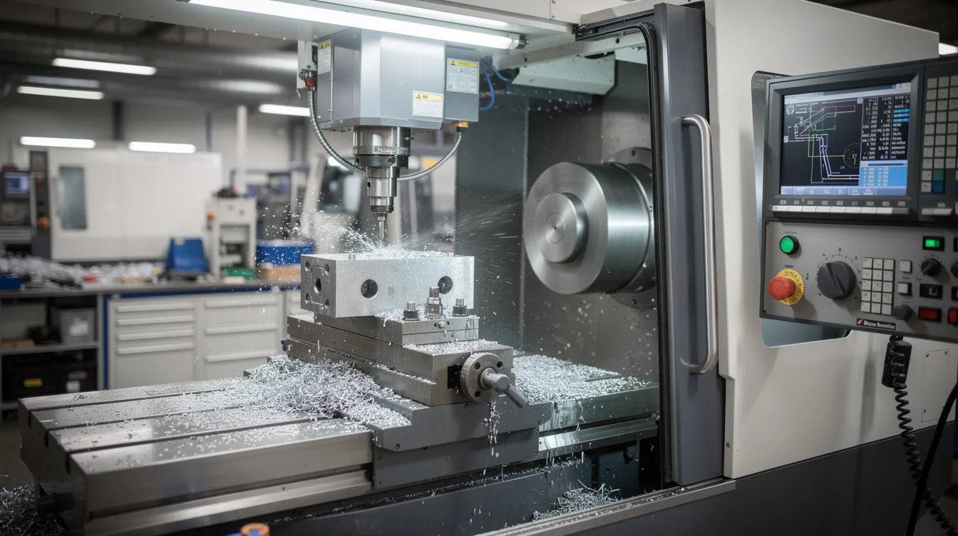 The image depicts an industrial CNC machining center actively producing precision metal components, with visible coolant mist and metal shavings scattered around. The machine is designed for various applications, including automotive projects, and showcases pre-drilled holes in the metal stock, emphasizing its efficiency and accuracy in manufacturing.