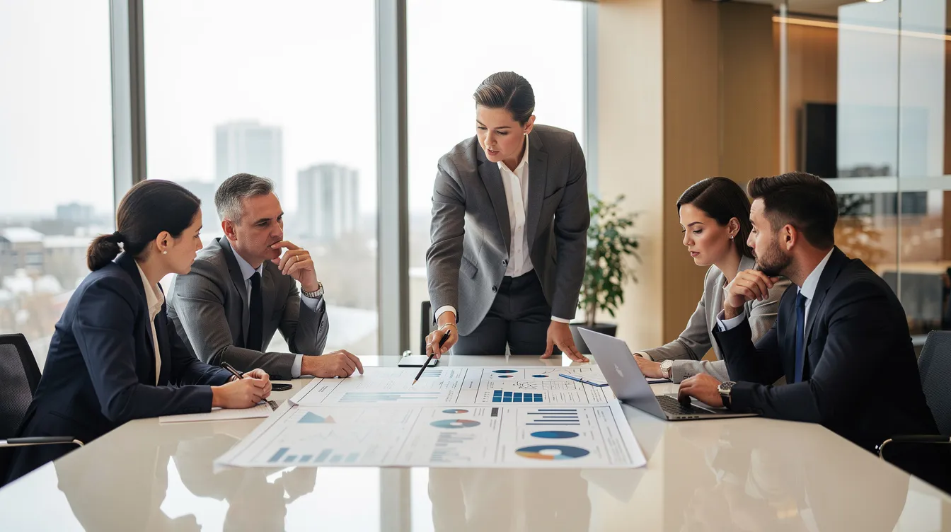 A diverse group of professionals is gathered around a table, collaboratively reviewing a project plan that involves multiple AI agents. They are engaged in discussions about how to tackle complex tasks and enhance their multi-agent systems for optimal performance.