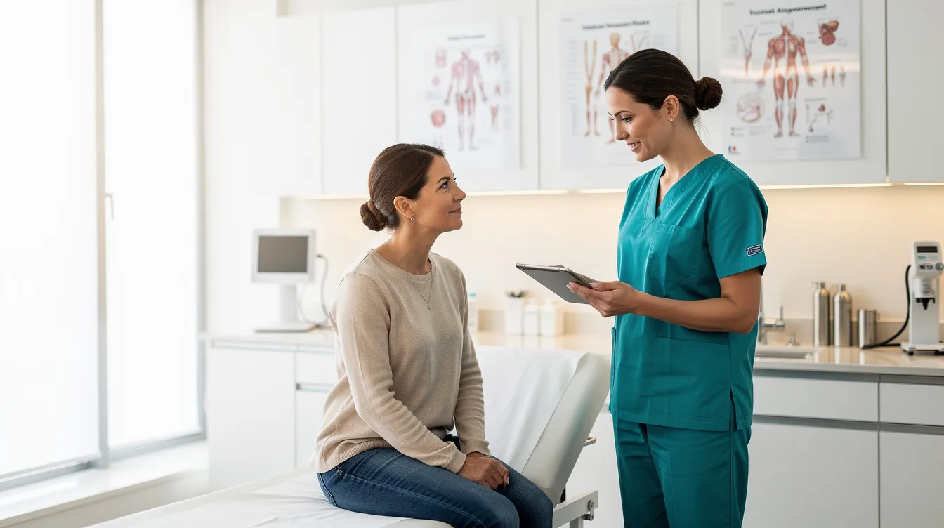 A medical professional in scrubs is consulting with a patient in a bright, modern clinic, discussing options for body contouring procedures like lipo 360 and tummy tuck, focusing on effective fat removal and achieving the patient's dream body. The atmosphere is welcoming, emphasizing the importance of personalized treatment plans and the expertise of a board-certified plastic surgeon.