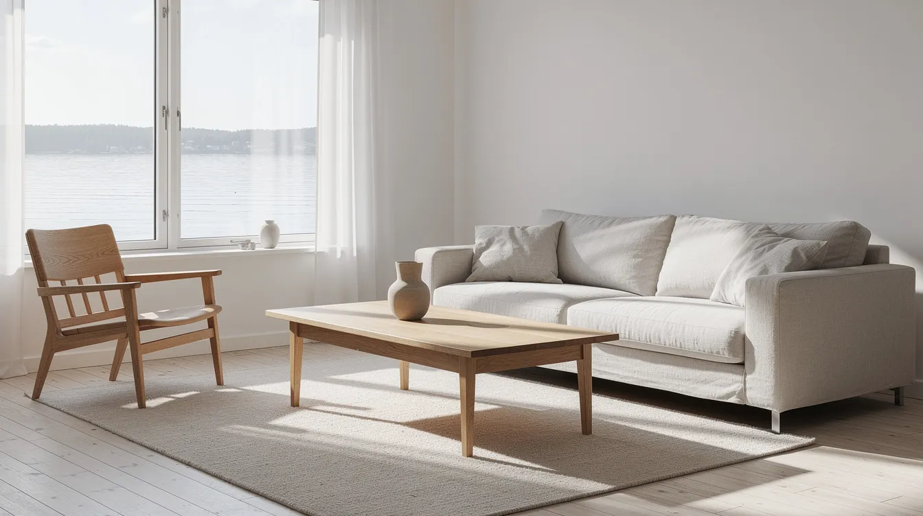 Ett ljust skandinaviskt vardagsrum med en soffa i naturfärgat tyg och ett soffbord i ek. I rummet finns även en klassisk träfåtölj vid ett fönster som erbjuder en vacker utsikt över vattnet.