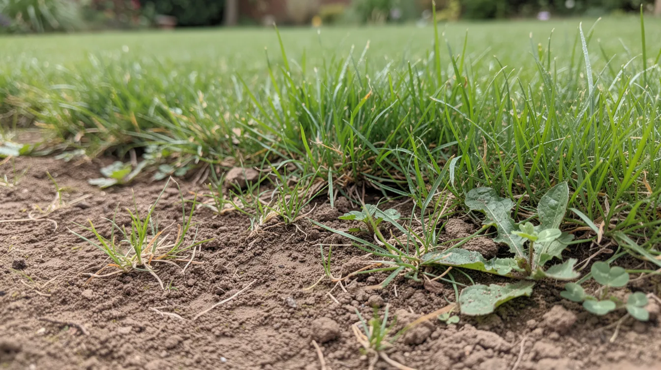 A close-up view of a UK garden lawn reveals a mix of healthy green grass and patchy areas with bare soil and thin grass, indicating the need for lawn repair. The image highlights the contrast between lush green patches and the brown patches of dead grass, suggesting that grass seed and consistent watering could improve the overall lawn surface.