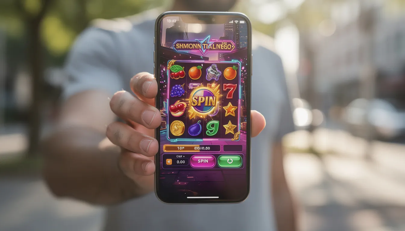 En person håller en smartphone som visar ett färgglatt gränssnitt för ett kasino-spel utomhus. Skärmen innehåller symboler som är typiska för Thunderkick slots, vilket ger en känsla av spänning och underhållning i en casinomiljö.