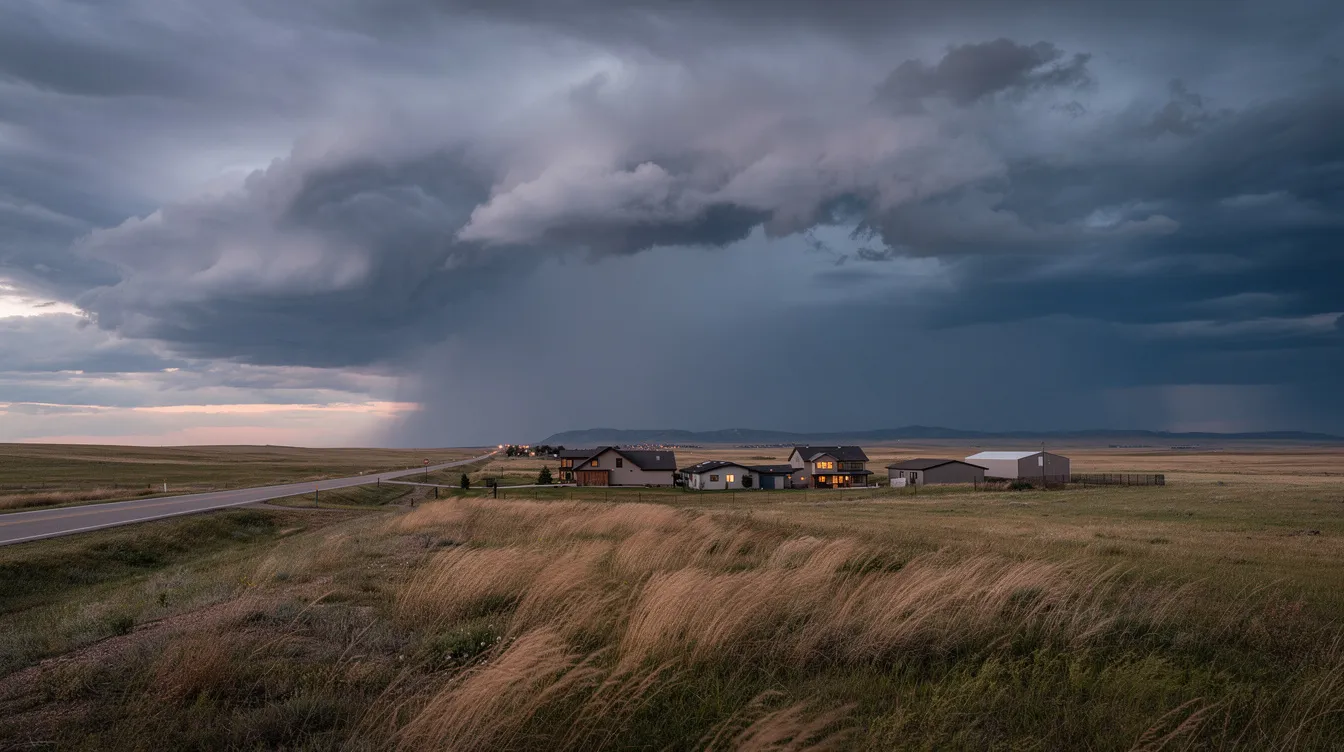 Dark storm clouds loom over a vast Colorado plains landscape, with several houses visible below, hinting at the potential for rain. The scene captures the natural beauty of Pueblo, Colorado, while emphasizing the importance of efficient gutter installation to protect homes from water damage and ensure proper drainage during storms.