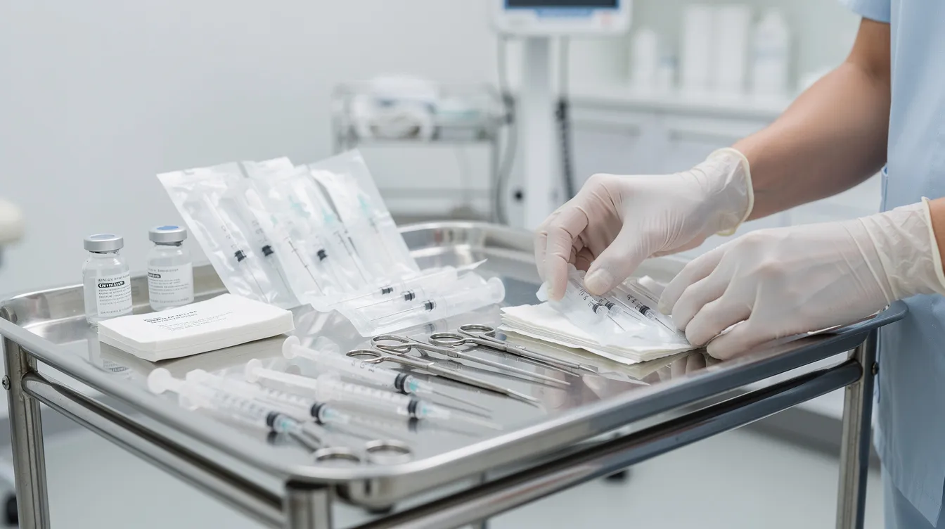 A medical professional is seen in a clinical setting, meticulously arranging sterile injection instruments on a tray for eye filler treatments. The preparation indicates a focus on addressing under eye concerns, such as dark circles and volume loss, to help patients achieve a refreshed appearance.