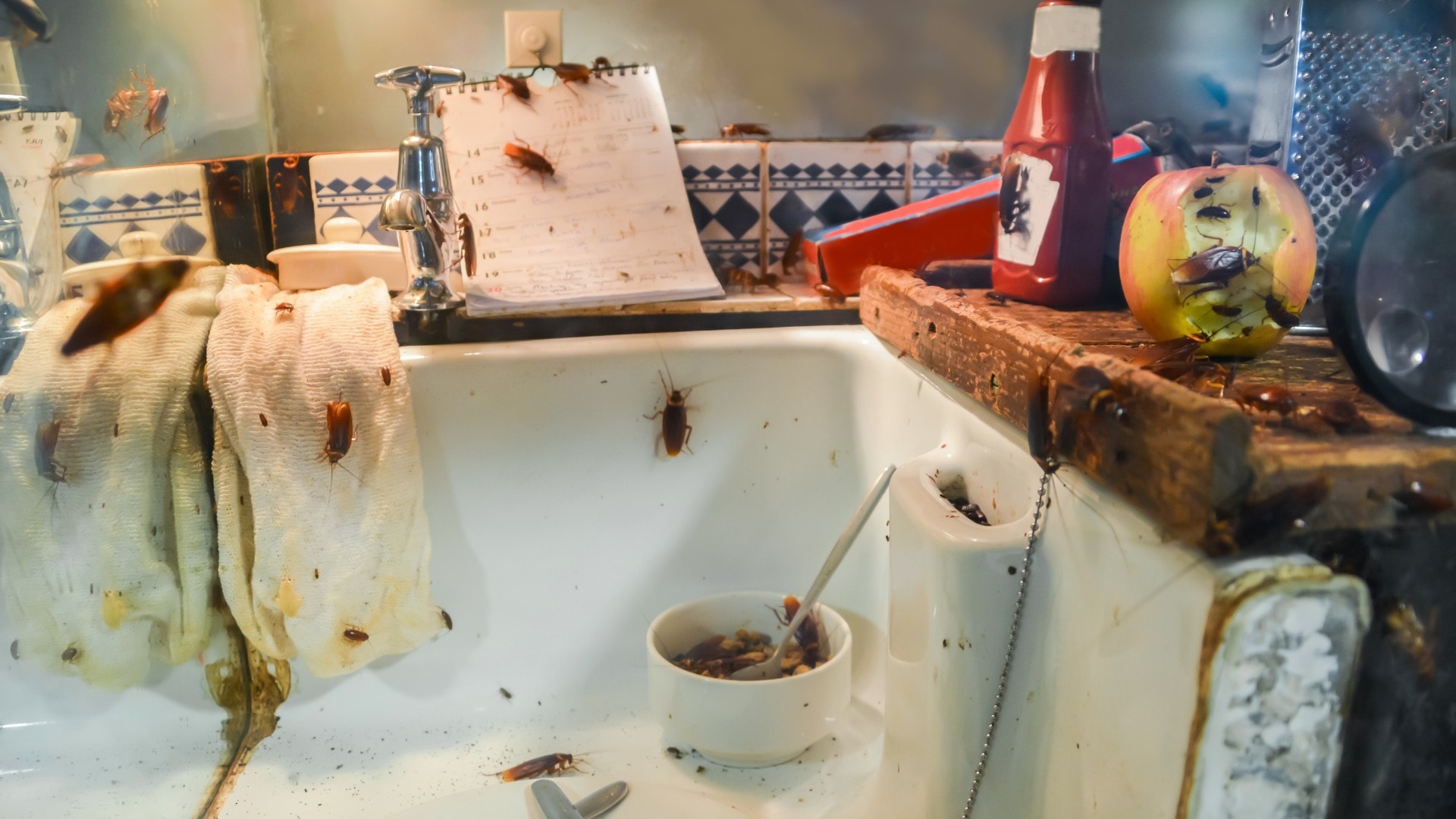 A kitchen that needs to be cleaned before roach treatment.