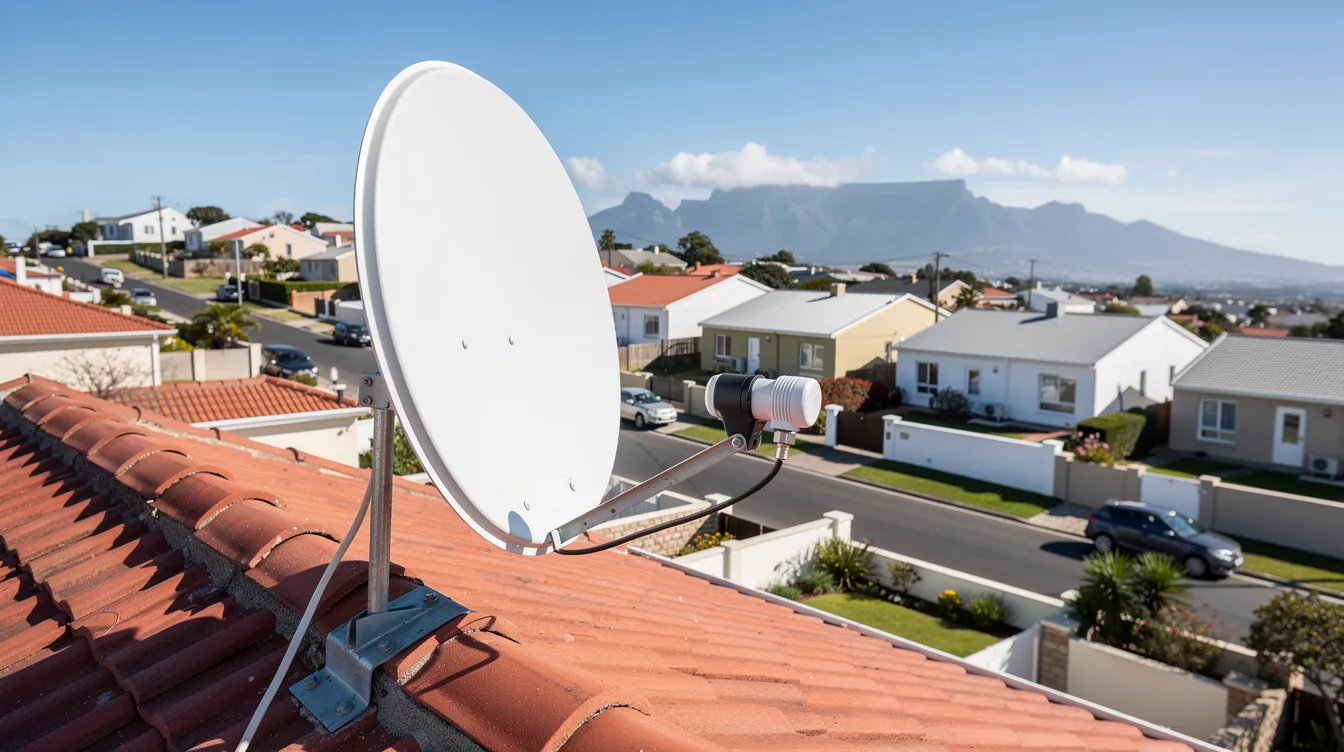 A satellite dish is mounted on a residential rooftop, overlooking a row of suburban houses in Cape Town. This image highlights the importance of professional DSTV installation services for enhancing entertainment options in homes.