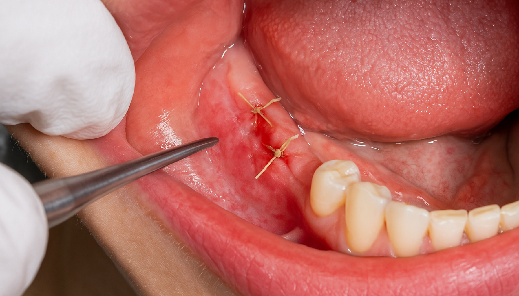 Nærbilde av tannkjøtt med selvoppløsende sting etter tannkirurgi, viser helingsprosess i munnhulen.