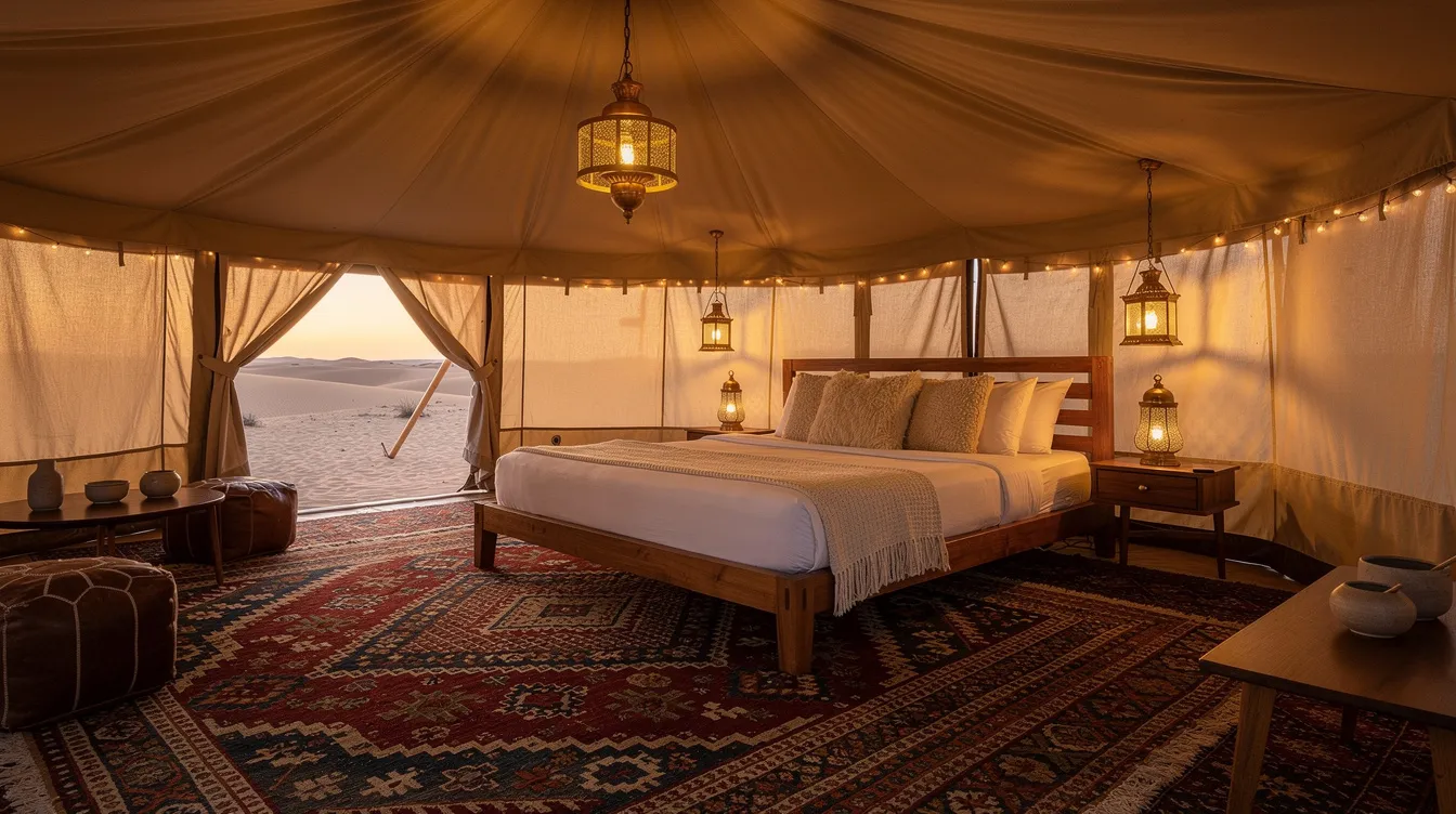 The interior of a luxury desert tent features colorful rugs and a large bed adorned with white linens, all illuminated by warm lantern lighting, creating a cozy atmosphere typical of a sahara desert luxury camp. This beautifully designed space invites guests to relax and enjoy the unique charm of traditional Moroccan style amidst the stunning backdrop of the desert.