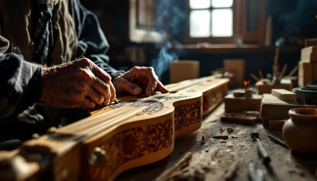 A master craftsman's hands delicately shape an ornate oud, a traditional stringed instrument, in a workshop filled with the rich sounds of Moroccan music. The intricate details of the oud reflect the deep connection to Moroccan culture and the history of folk music, as the craftsman skillfully works to produce haunting sounds that resonate with life and rhythm.