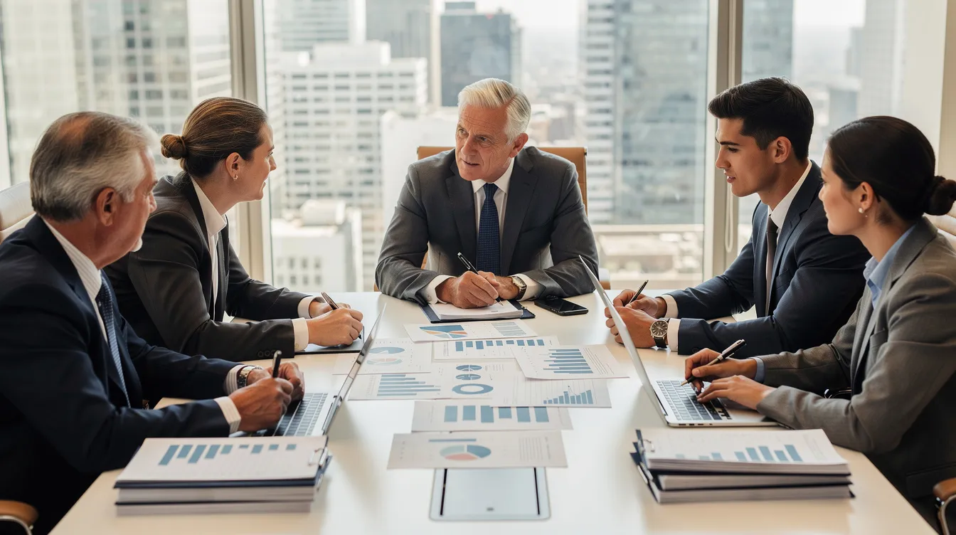 The image depicts a diverse group of business professionals from multiple generations engaged in a discussion around a conference table, reviewing documents related to succession planning and leadership development. Their collaboration emphasizes the importance of preparing future leaders and ensuring leadership continuity for the company's future success.